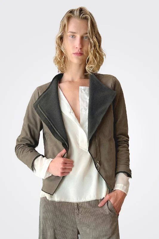 Women's Plus-Size Attire Short Zipped Waxed Leather Lined Jacket - Taupe