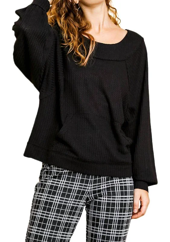 Casual Chic Kangaroo Pocket Waffle Knit Top In Black