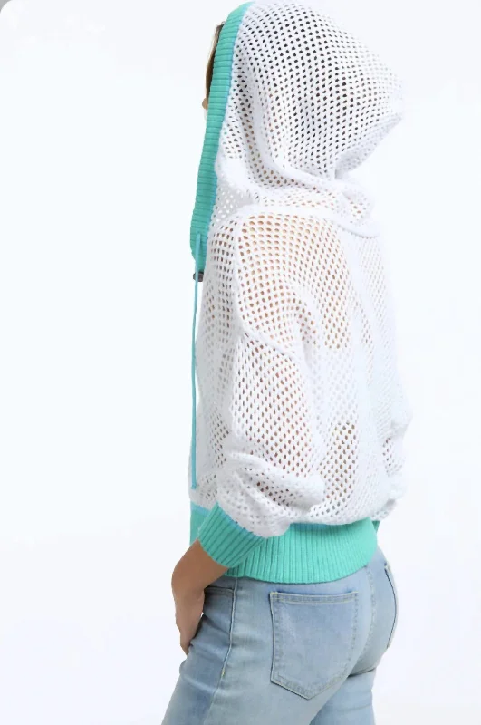 Casual Chic Color Block Henley Crochet Hoodie In Bleach White Multi