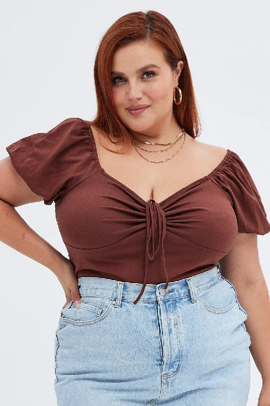 Clothes For Women Brown Bardot Top Short Sleeve