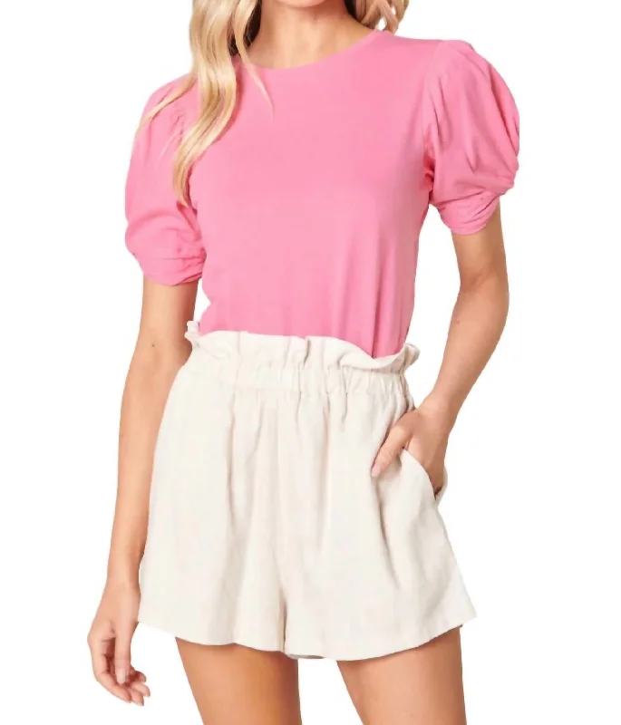 Trend Alert Olivia Knot Puff Sleeve Cotton Knit Top In Pink