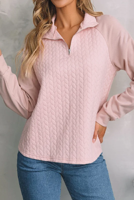 Elegant Women's Clothing Pale Chestnut Textured Quarter Zip Raglan Sleeve Sweatshirt