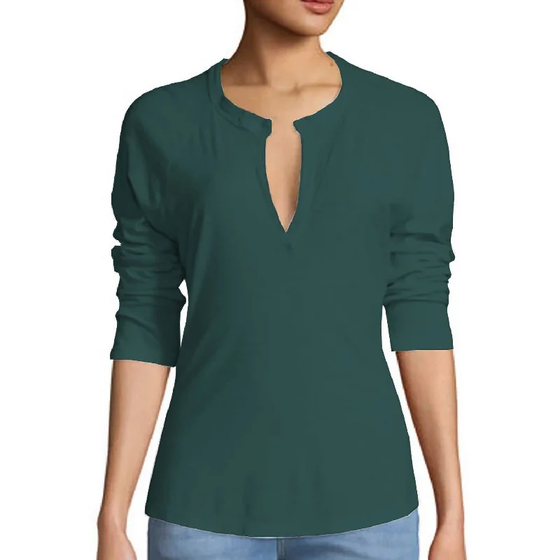 Women's Chic Outerwear Attire Women Split Neck Raglan Sleeve T-Shirt In Turquoise