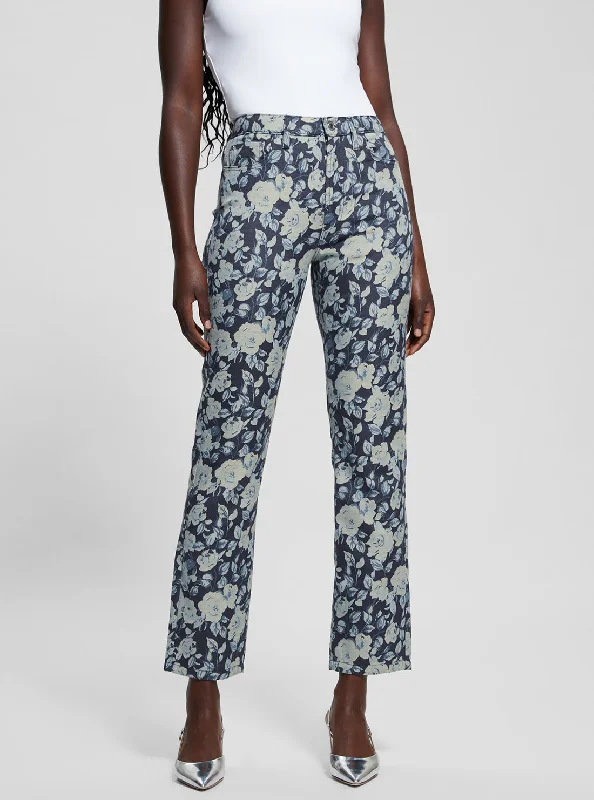 Trendy Street Style Blue Floral Girly Jacquard Pant