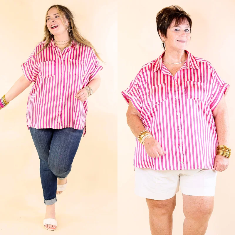 Versatile Women's Fashion Free To Be Fab Button Up Short Sleeve Striped Top in Pink