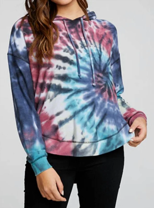 Classic Women's Fashion Rpet Cozy Knit Long Sleeve Hi Lo Hoodie In Dark Crystal Tie Dye