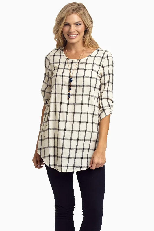 Women's Festive Attire Ivory Plaid Linen 3/4 Sleeve Tunic