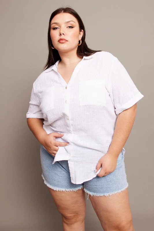 Woman Clothing White Relaxed Shirt Short Sleeve Pocket