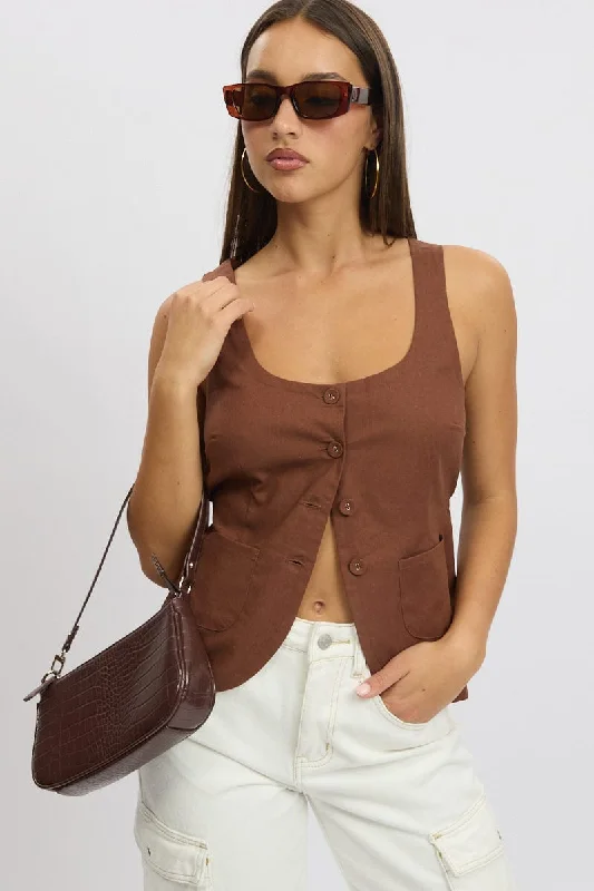 Women's Trendy Clothes Brown Linen Vest Tailored