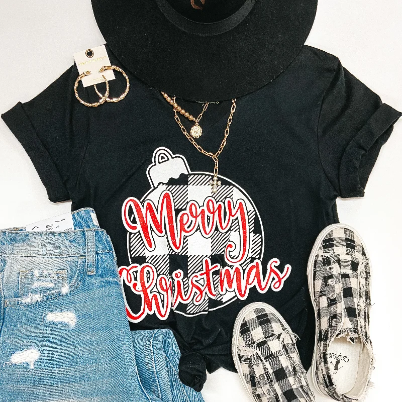 Charming Women's Garments Last Chance Size Small | Merry Christmas in Buffalo Plaid Ornament Short Sleeve Graphic Tee in Black