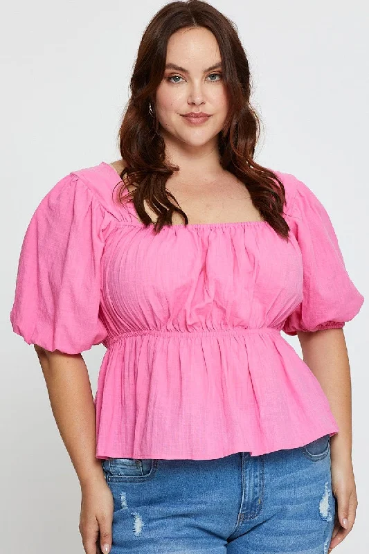 Trendy Boutiques Online Pink Peplum Top Square Neck Short Sleeve