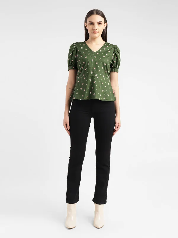 Affordable Women's Outfit Women's Floral Print Green V Neck Top