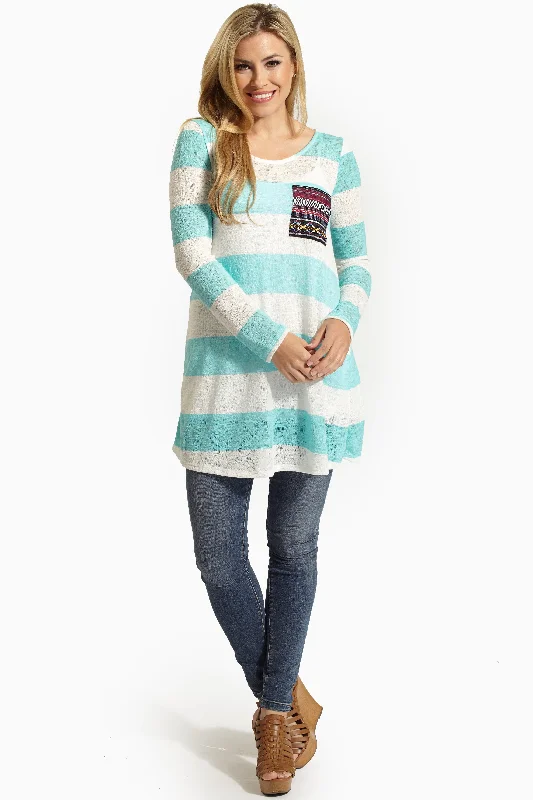 Women's Cozy Winter Attire Aqua Striped Tribal Print Pocket Knit Tunic