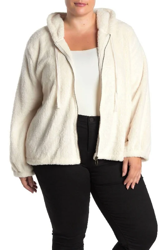 Timeless Classics Faux Fur Front Zip Ultra Plush Soft Hoodie In Ivory