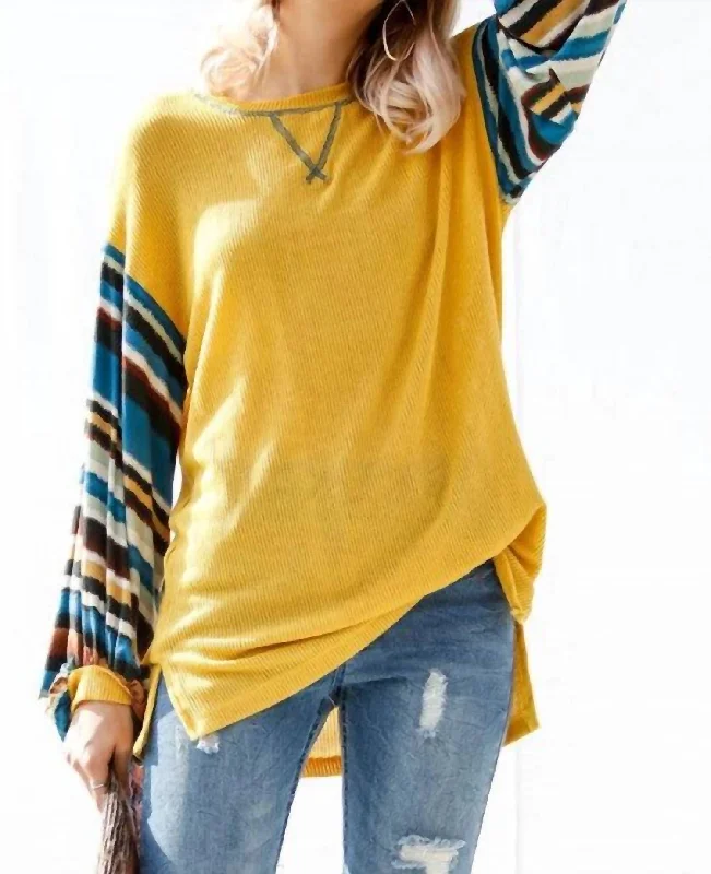 Comfortable Clothes Tribal Striped Sleeve Knit Top In Mustard