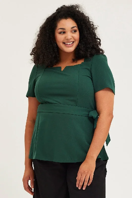 Women Clothing Green Short Sleeve Hunter Green Peplum Top