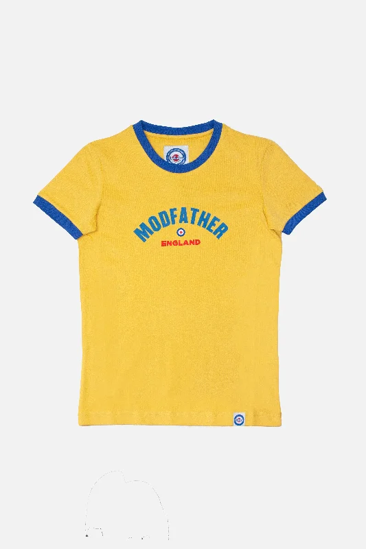 Versatile Women's Fashion Modfather Clothing - Women's Logo Script Mustard and Royal Blue - T-Shirt