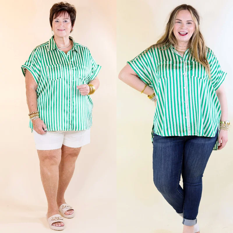 Women's Casual Dresses Free To Be Fab Button Up Short Sleeve Striped Top in Green