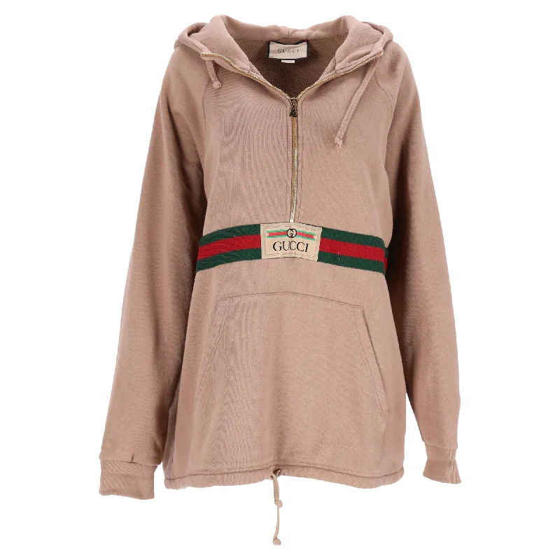 Chic Wardrobe Gucci Web-Stripe Half-Zipped Hoodie in Brown Cotton