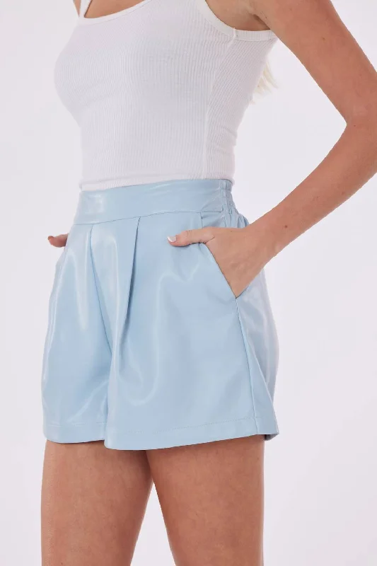 Comfortable Outfit For Women Vegan Leather Pleated Short In Light Blue