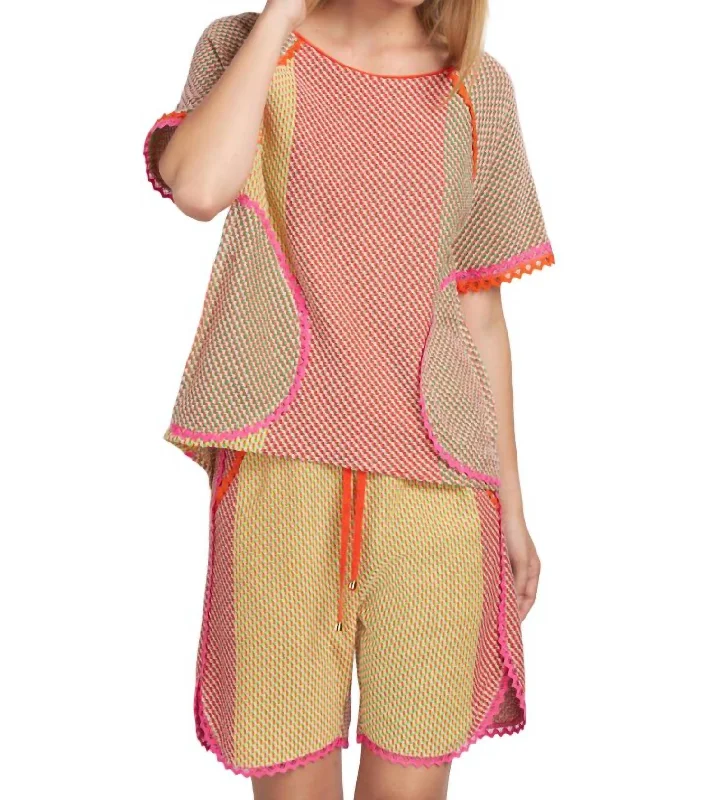 Online Boutique Clothing Round Neck Knit Top In Pink Orange Multi