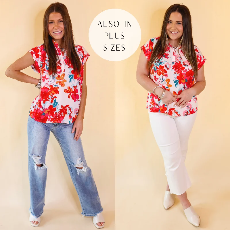 Women's Comfortable Lounge Attire Summer Lover Floral Half Button Up Top with Short Sleeves in Red Mix