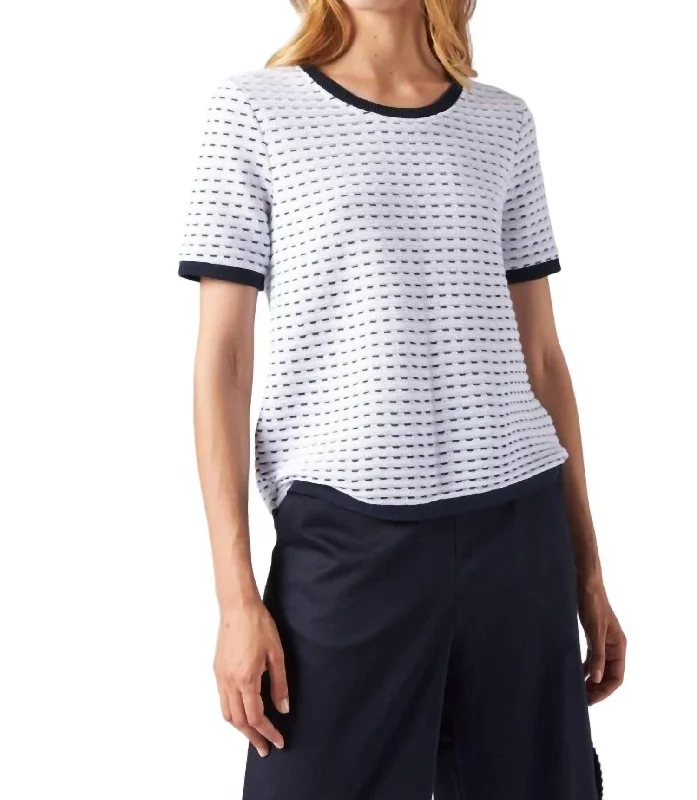 Online Boutiques Affordable Round Neck Short Sleeve Knit Top In White With Navy