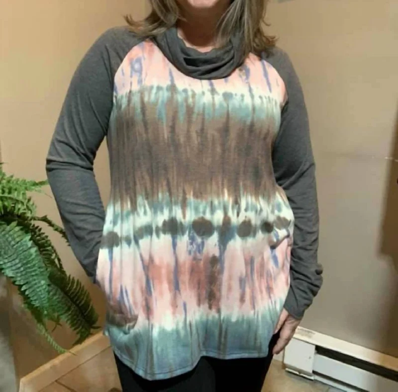 Women's Attire Cowl Neck Top With Pockets In Tie Dye Tease