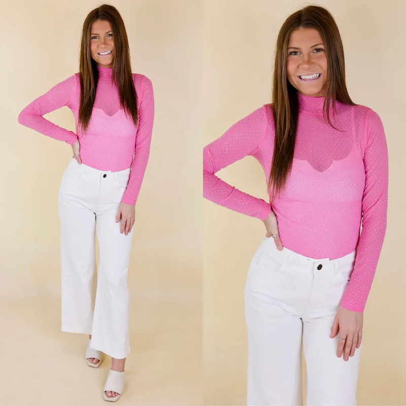 Women's Garments Try Your Luck Crystal Mesh Long Sleeve Bodysuit in Pink