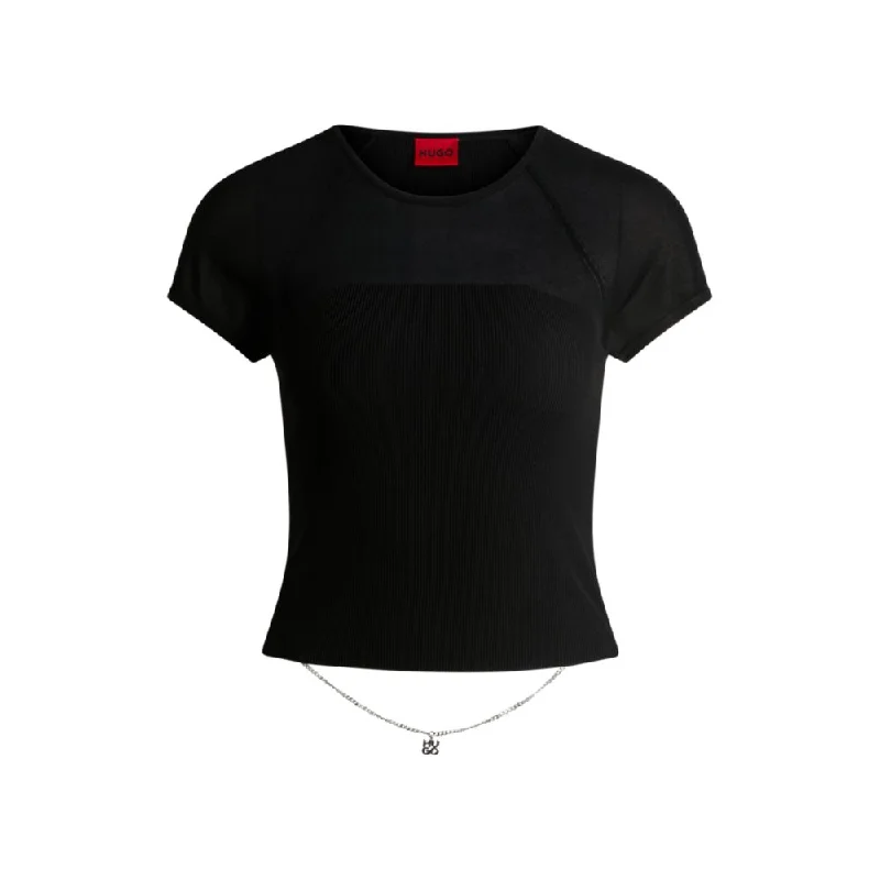 New Arrival Discounts Rib-knit top with sheer panels and logo chain