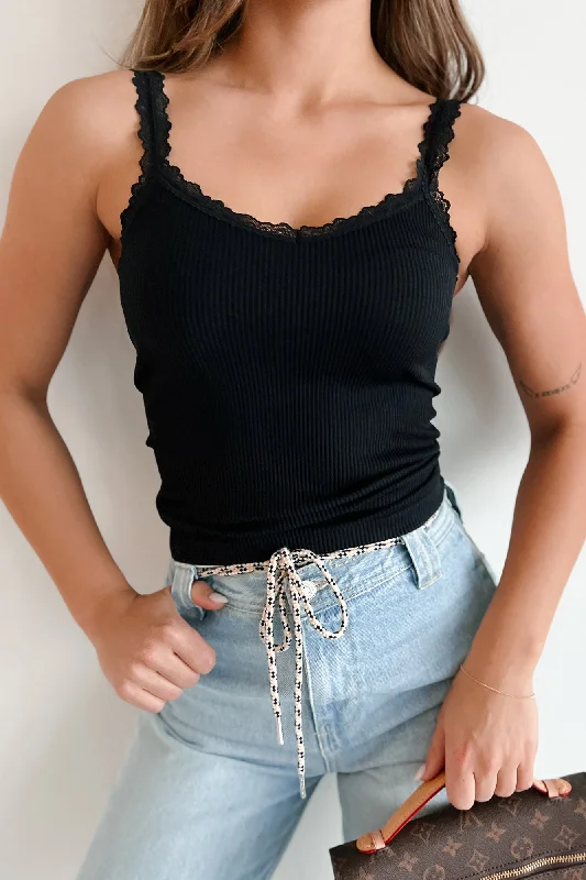 Women's Plus-Size Outfit Getting Along Fine Ribbed Lace Trim Tank Top (Black)