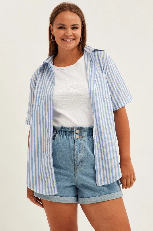 Trendy Outfits For Ladies Blue Stripe Relaxed Shirt Short Sleeve Button Up