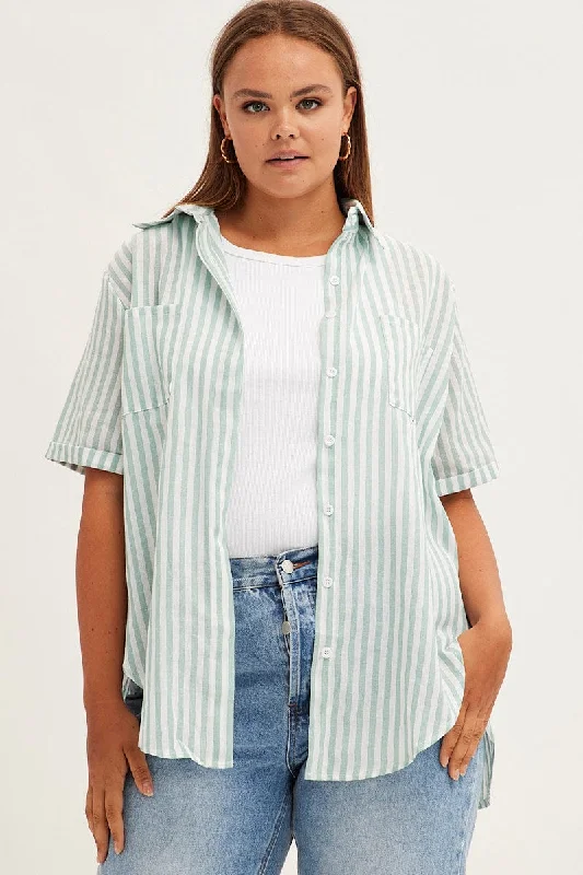 Women Wear Brands Green Stripe Relaxed Shirt Short Sleeve Button Up