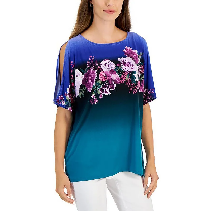 Women's Weekend Outfit Womens Floral Print Cold Shoulder Sleeve Pullover Top