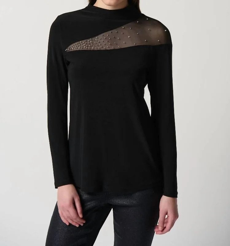 Women's Online Boutique Silky Knit Top With Embellished Mesh Insert In Black