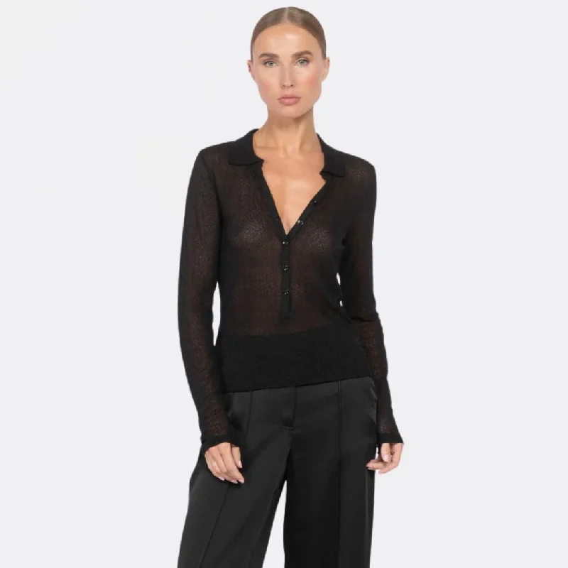 Glamorous Evening Wear Mesh Lace Long Sleeve Polo (Black)