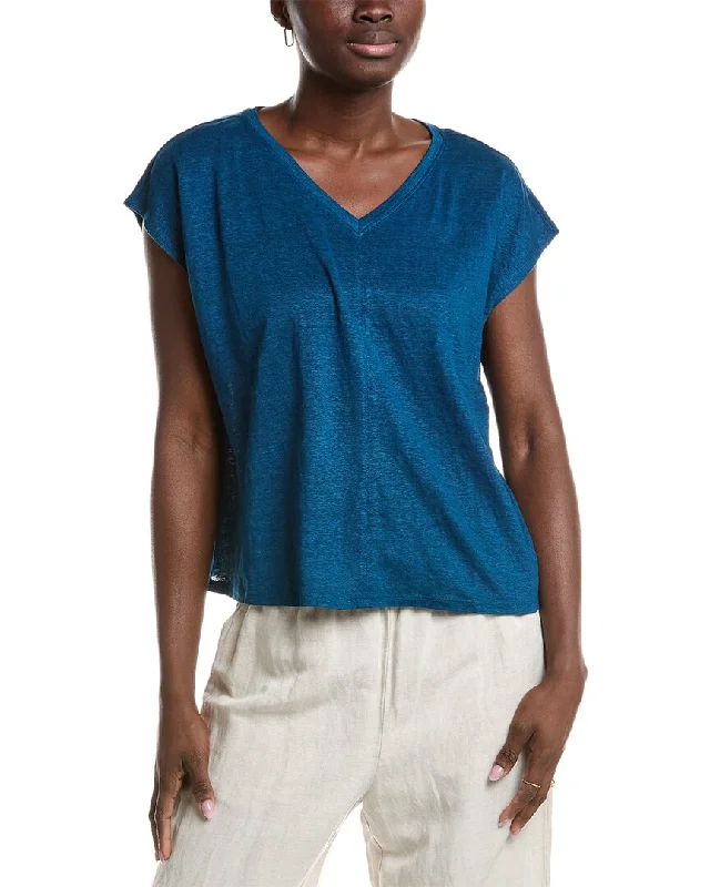 Women's Vacation Outfit Set EILEEN FISHER V-Neck Square Linen T-Shirt