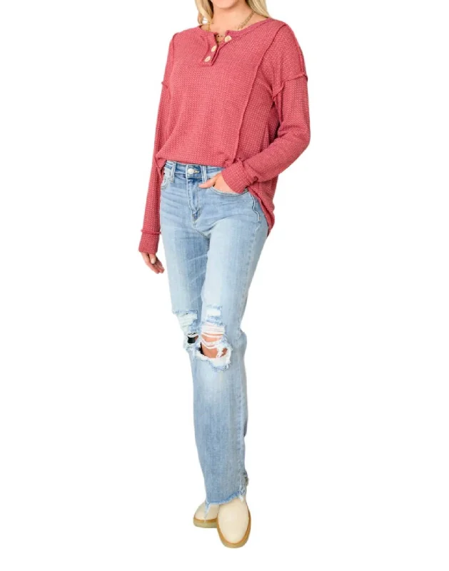 Premium Fabrics Waffle Knit Top Long Sleeve In Pink