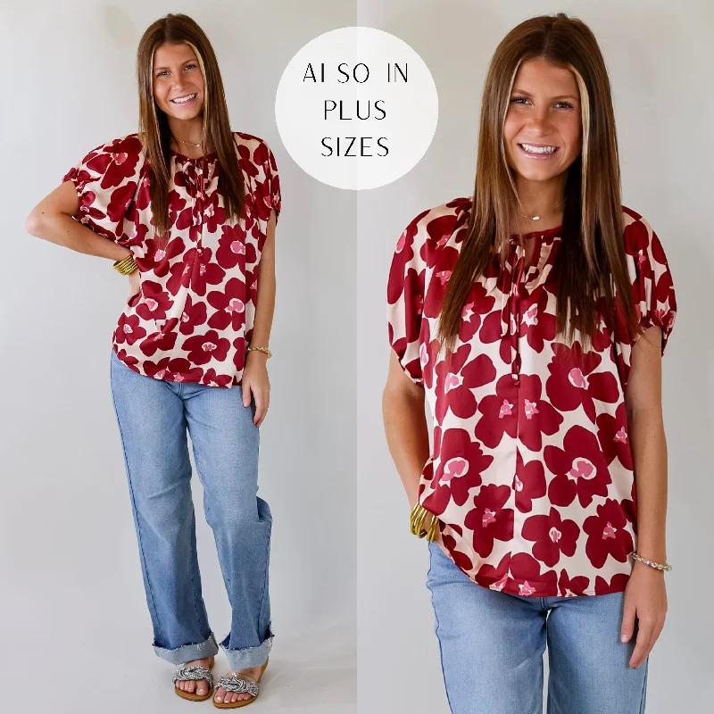 Women's Functional Outfit For Outdoor Activities Counting Kisses Short Sleeve Floral Top with Keyhole in Maroon