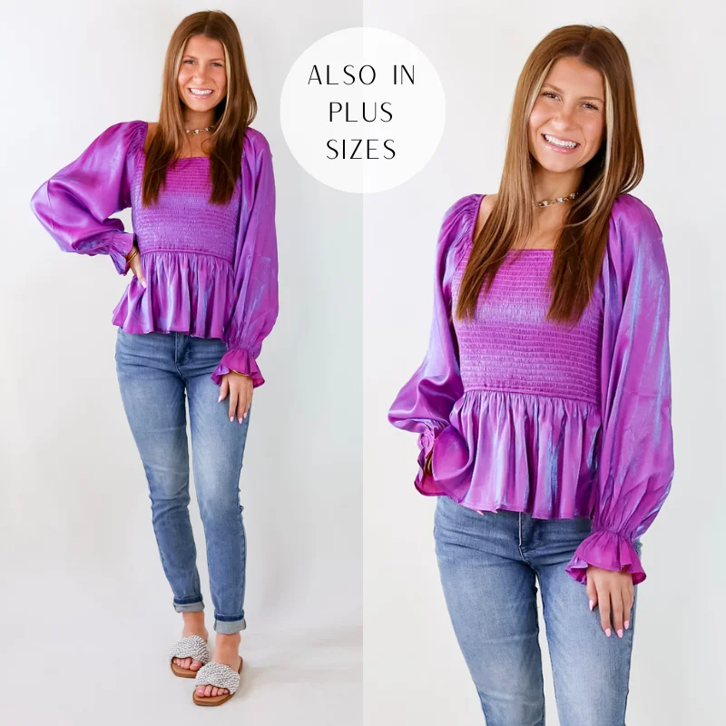 Women's Casual Outfit Perfect Vision Smocked Long Sleeve Top in Iridescent Purple