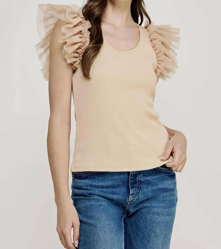 Sustainable Women's Apparel Tulle Ruffle Frills Knit Top In Almond