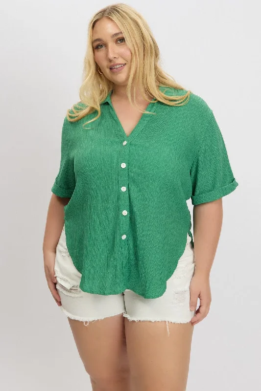 Trendy Outfits For Girls Green Textured Shirt Short Sleeve