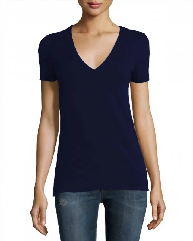 Women's Timeless Attire Women V-Neck Cotton T-Shirt In Navy