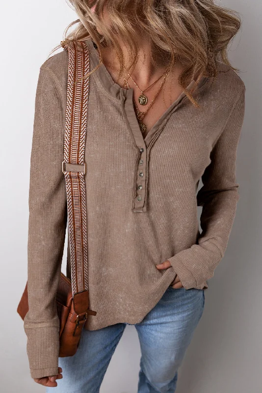 Chic Wardrobe Acid Wash Waffle Knit Buttoned Neckline Long Sleeve Top