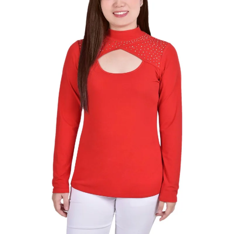 Women's Garments Petites Womens Studded Mock Neck Pullover Top