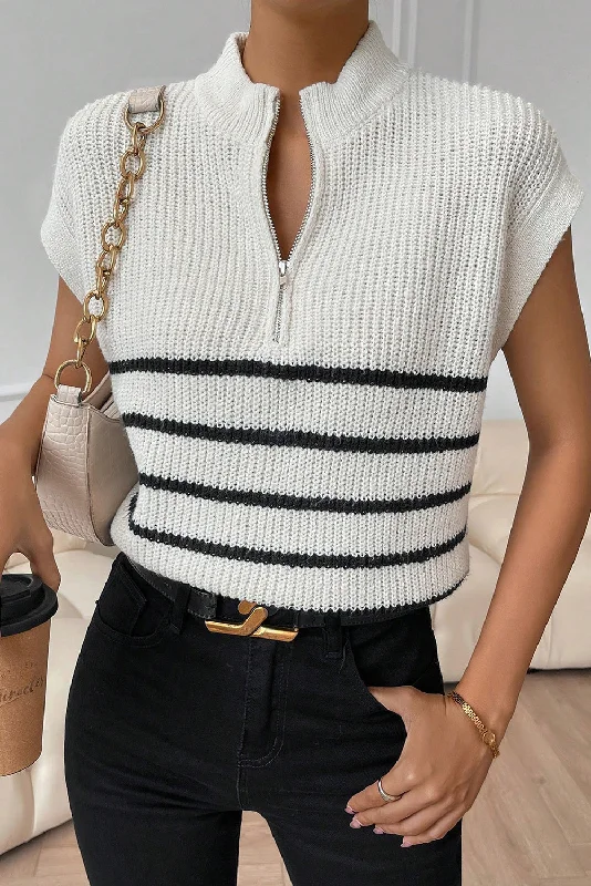 Vintage Women's Fashion White Stripe Half Zip Split Stand Neck Sweater T-shirt