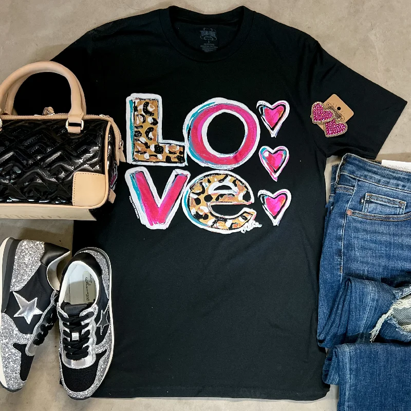 Women's Everyday Attire LOVE Mix Print Letter Short Sleeve Graphic Tee in Black