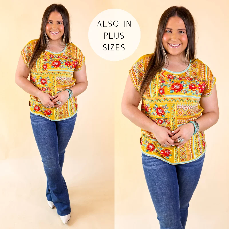 Women's Classic Attire Sonoma Valley Bright Embroidered Short Sleeve Top in Marigold Yellow