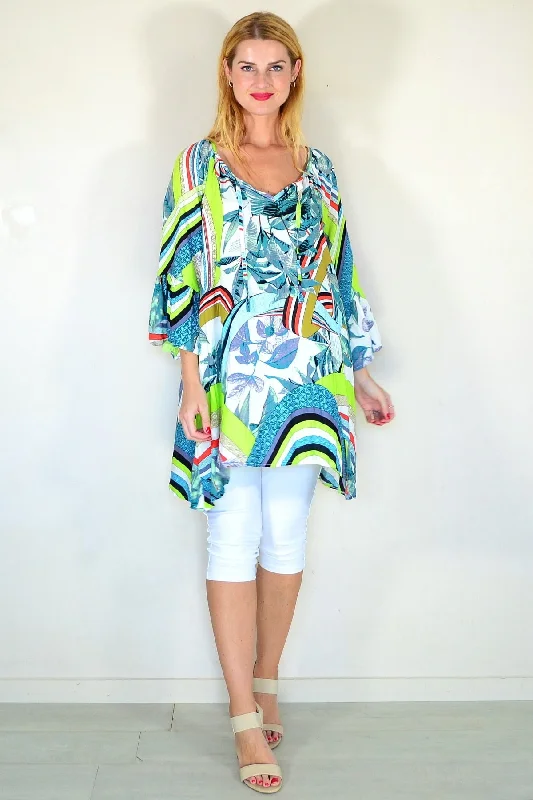 Relaxed Style Fun Lime Print Crinkle Tunic Top