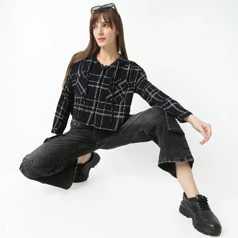 Colorful Clothing Oversize Checkered Short Length Hoodie Crop Shirt with Front Button Opening